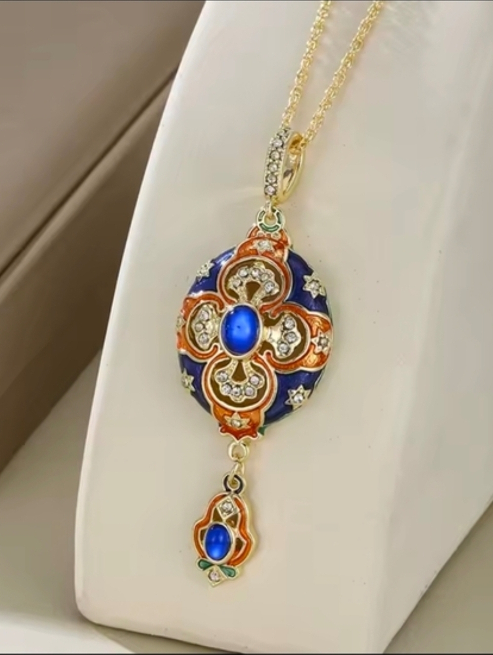 Gold-Tone Blue and Orange Enamel Pendant Necklace - Picture 6 of 6